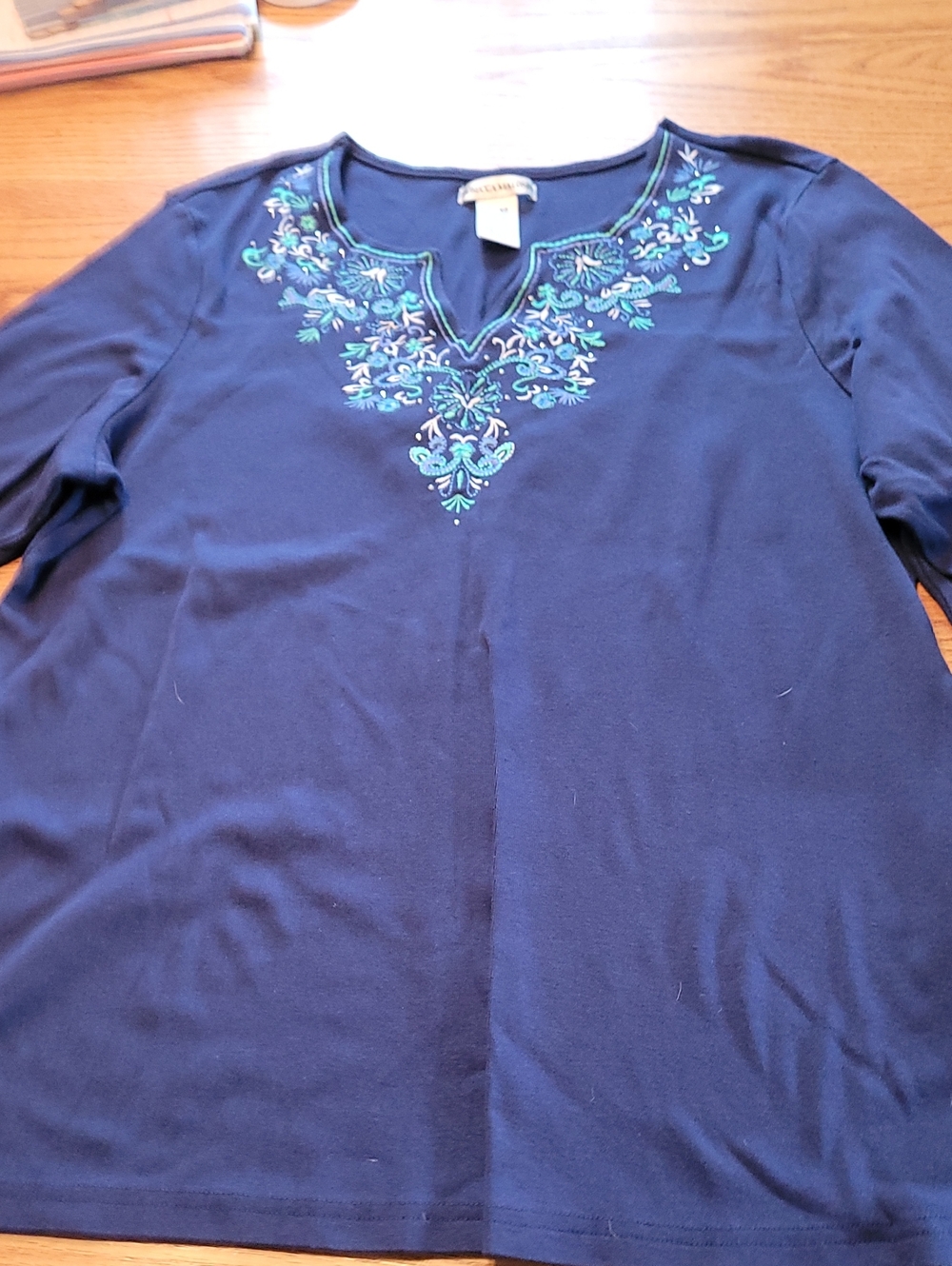 Rebecca Malone Navy 3/4 Sleeve Tee with Teal & Light Blue Embroidery W/sparkles